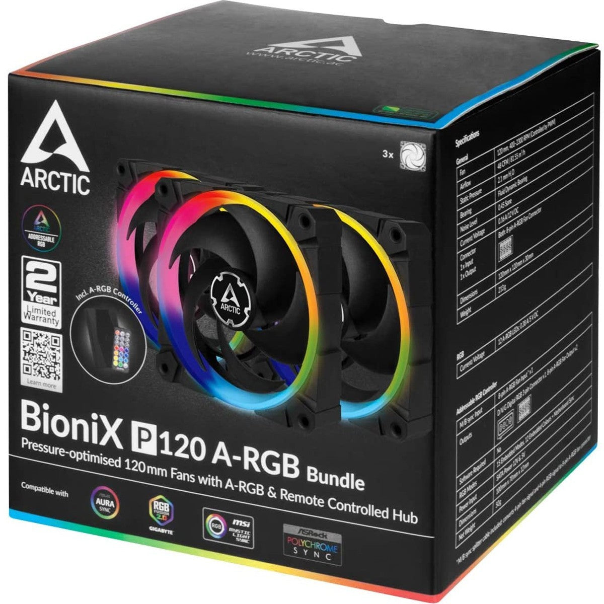 Arctic BioniX P120 A-RGB 3 Fans Bundle - 120mm A-RGB illuminated fans & ARGB Controller.