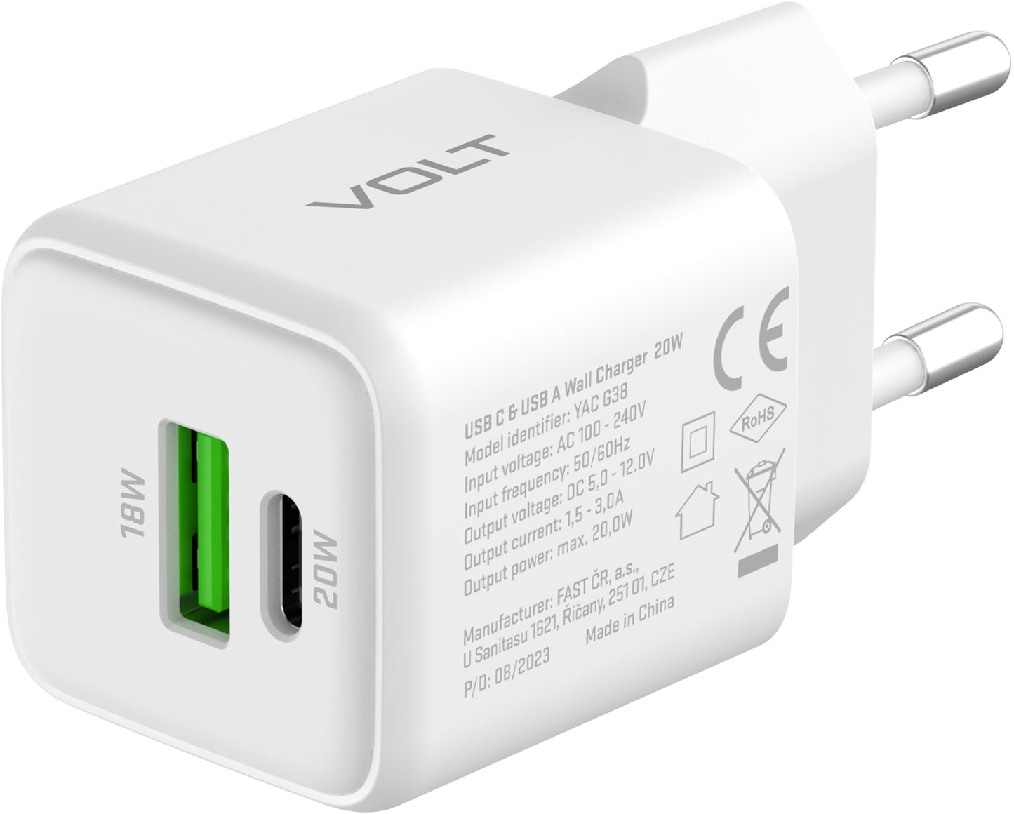 YENKEE YAC G38 VOLT Φορτιστής Dual USB-C/USB-A, 20W/18W Τεχνολογίας GaN με QC 4.0+, PD 3.0, AFC, FCP, Λευκός