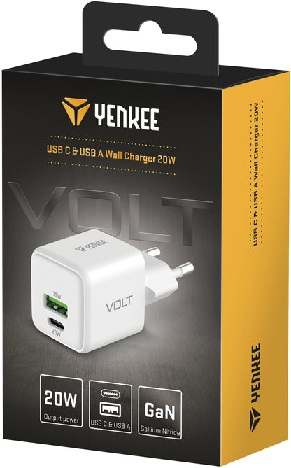 YENKEE YAC G38 VOLT Φορτιστής Dual USB-C/USB-A, 20W/18W Τεχνολογίας GaN με QC 4.0+, PD 3.0, AFC, FCP, Λευκός