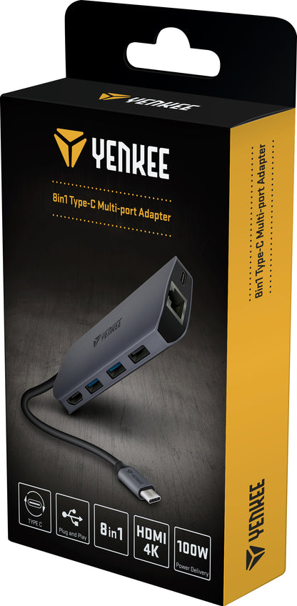 YENKEE YTC 081, 8 σε 1 Multi-port HUB (HDMI/USB/RJ45/mSD/Type-C) με σύνδεση Type-C, Γκρι