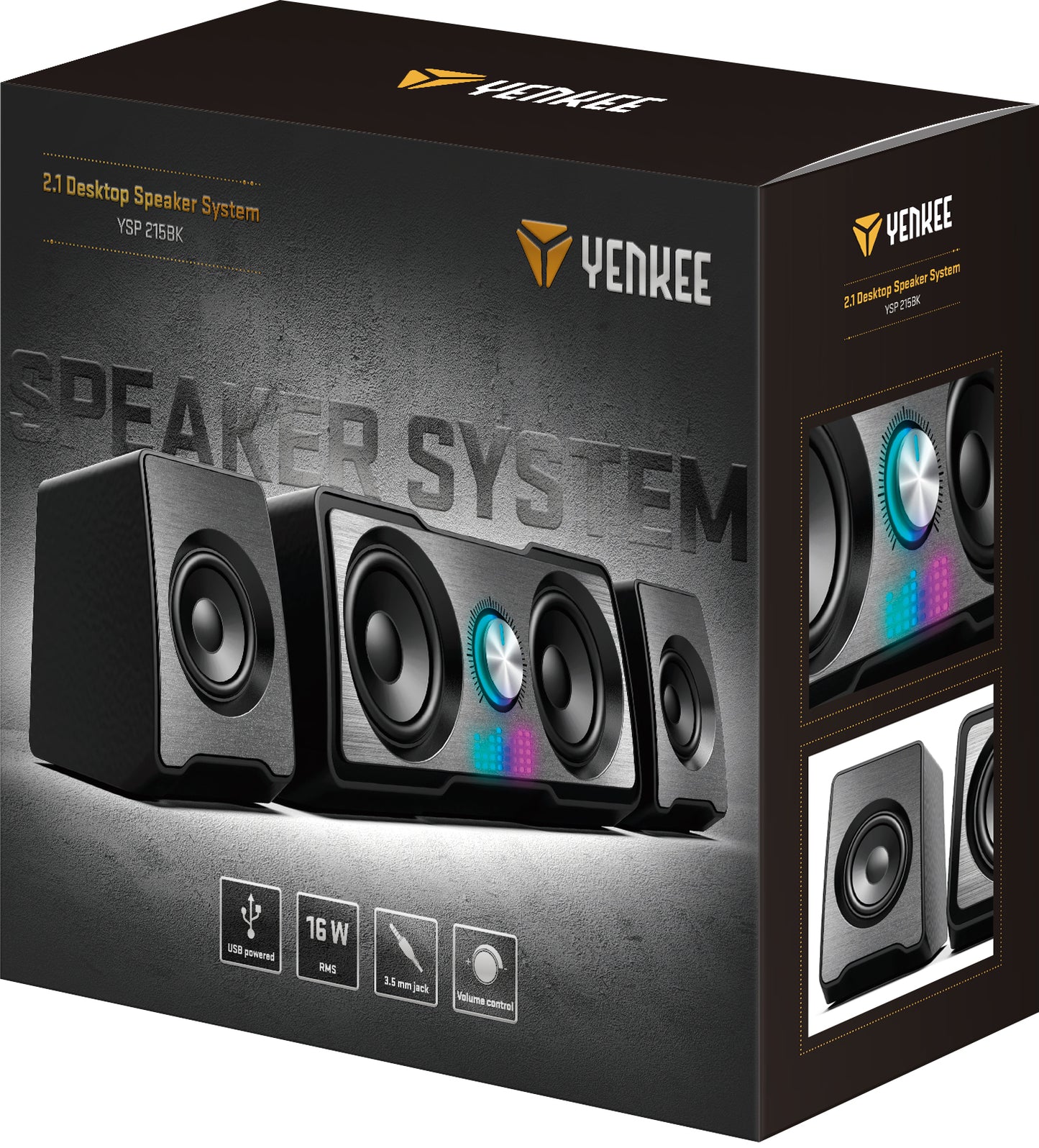 YENKEE YSP 215 BK Ηχεία Υπολογιστή 2.1 με 16W RMS, Σύνδεση 3.5mm και τροφοδοσία USB, Μαύρα