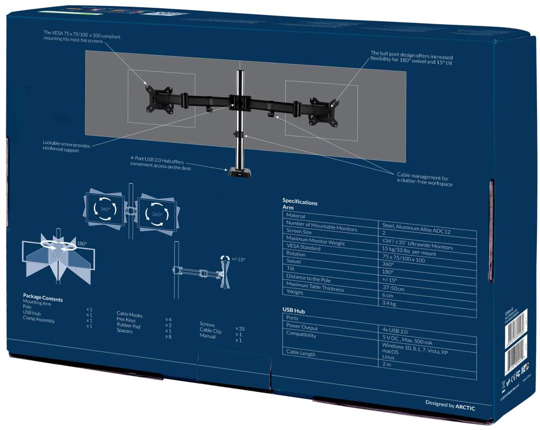 Arctic Z2 (Gen 3) - Dual Monitor Arm with 4-Port USB Hub in black color