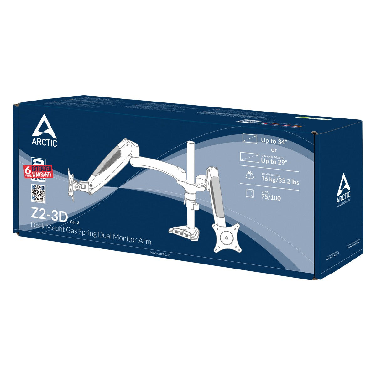 Arctic Z2-3D (Gen 3) Dual Monitor arm with complete 3D movement and 4-port USB 3.0 hub with Mini-USB