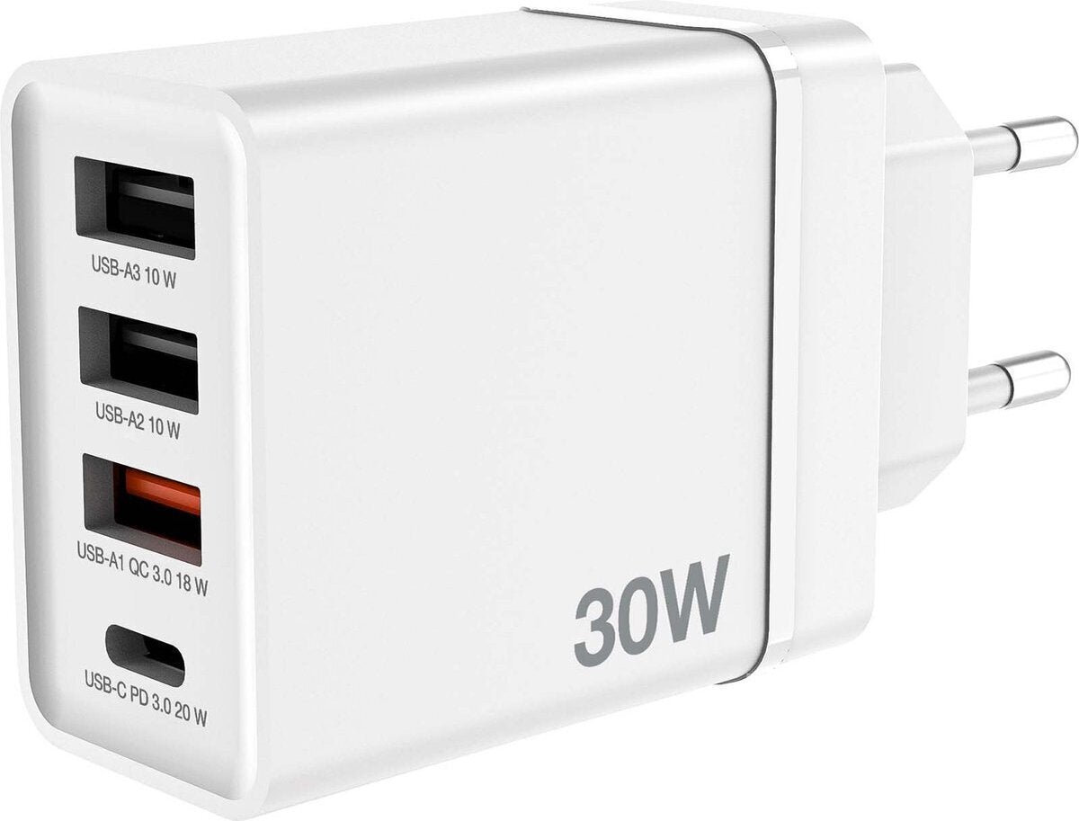 Φορτιστής Verbatim χωρίς καλώδιο 3 Ports USB-A and Port USB-C 30W Power Delivery Quick Charge 3.0 White (49701)