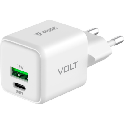 YENKEE YAC G38 VOLT Φορτιστής Dual USB-C/USB-A, 20W/18W Τεχνολογίας GaN με QC 4.0+, PD 3.0, AFC, FCP, Λευκός