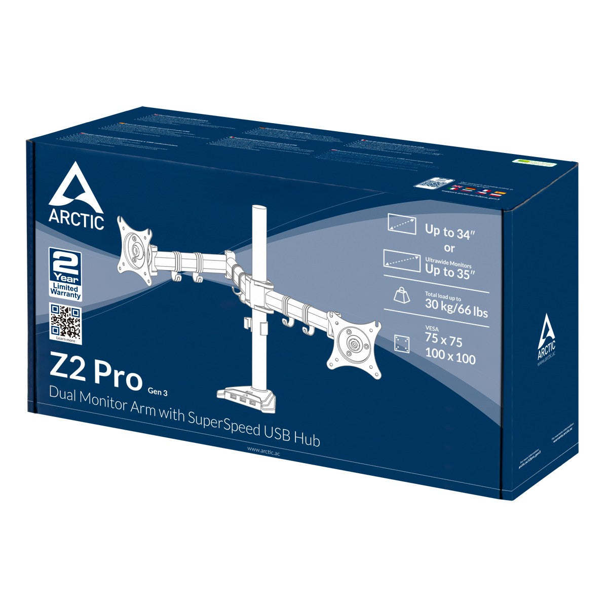 Arctic Z2 Pro (Gen 3) Dual-Monitor Arm with 4 ports USB 3.0 hub with mini-USB Power input