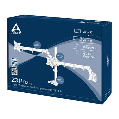 Arctic Z3 Pro Gen 3 (Matt black) Triple-Monitor Arm 4 ports USB 3.0 hub